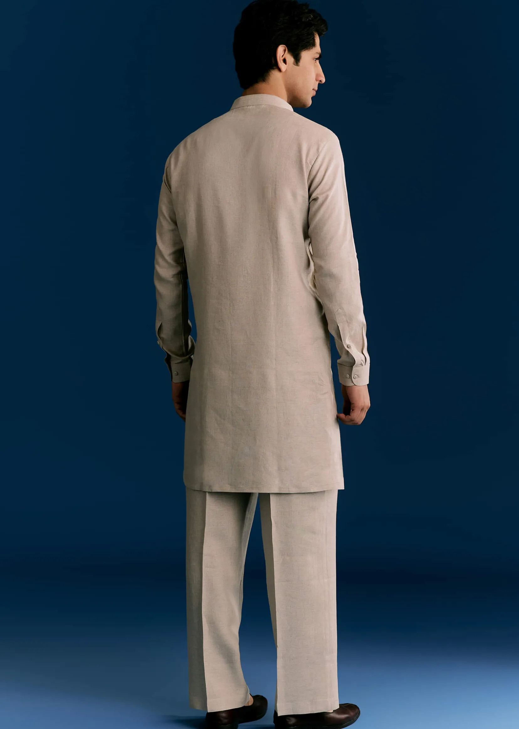 Cream Linen Kurta Set With Embroidery