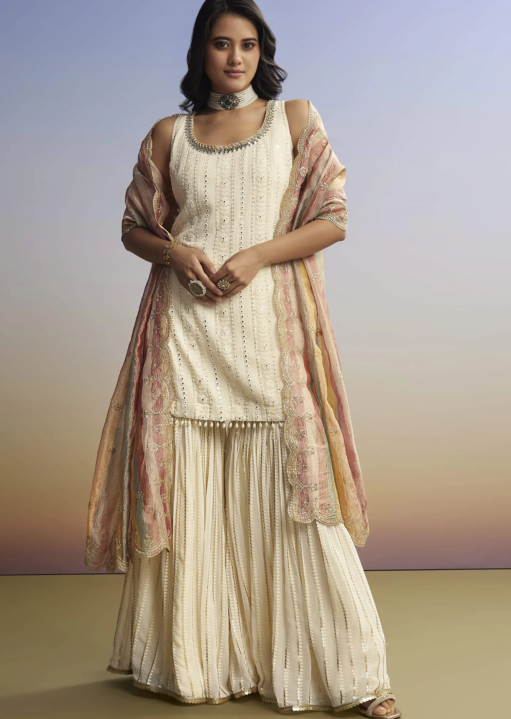 Cream Lucknowi Sharara Set With Tissue Dupatta