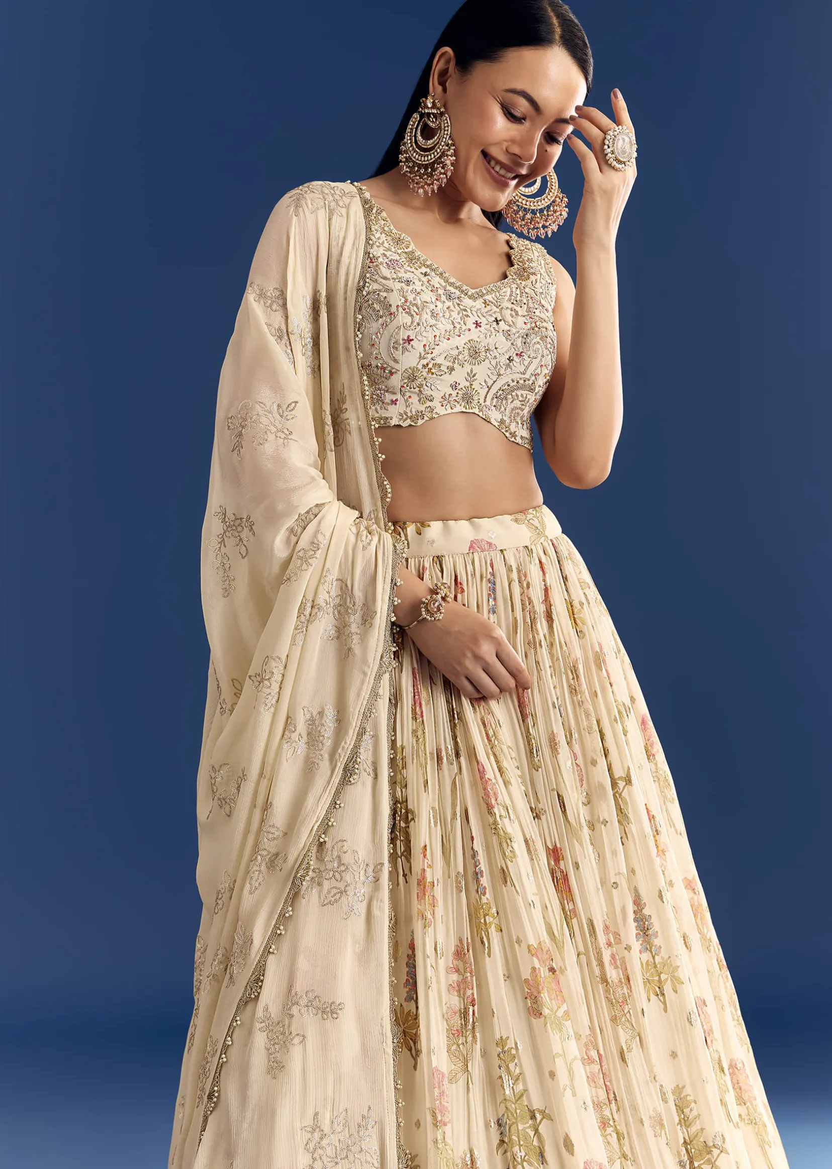 Cream Organza Lehenga Set With Zardosi Choli And Sequins Dupatta