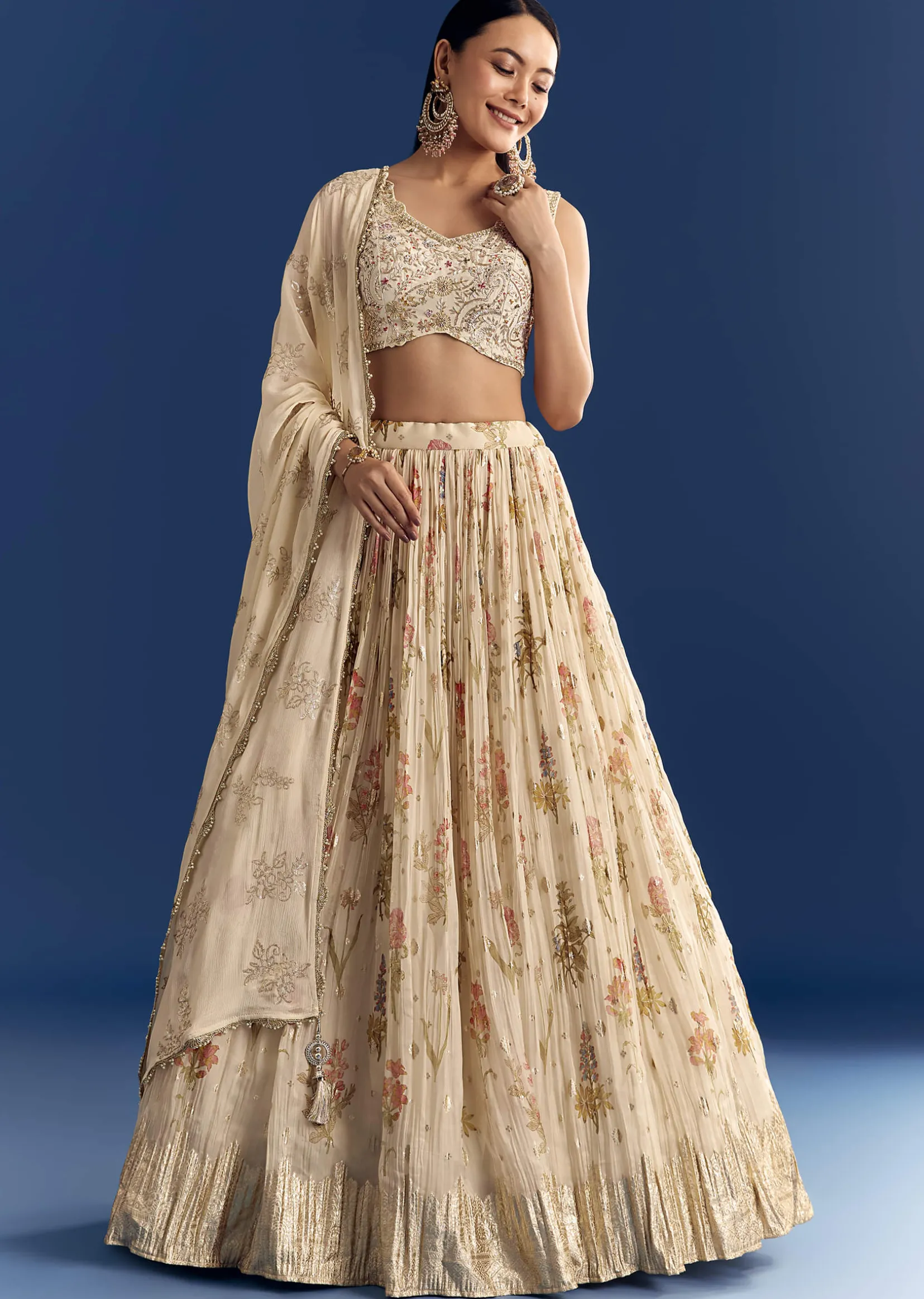 Cream Organza Lehenga Set With Zardosi Choli And Sequins Dupatta