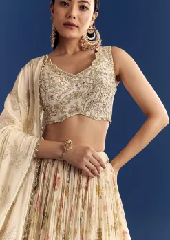 Cream Organza Lehenga Set With Zardosi Choli And Sequins Dupatta