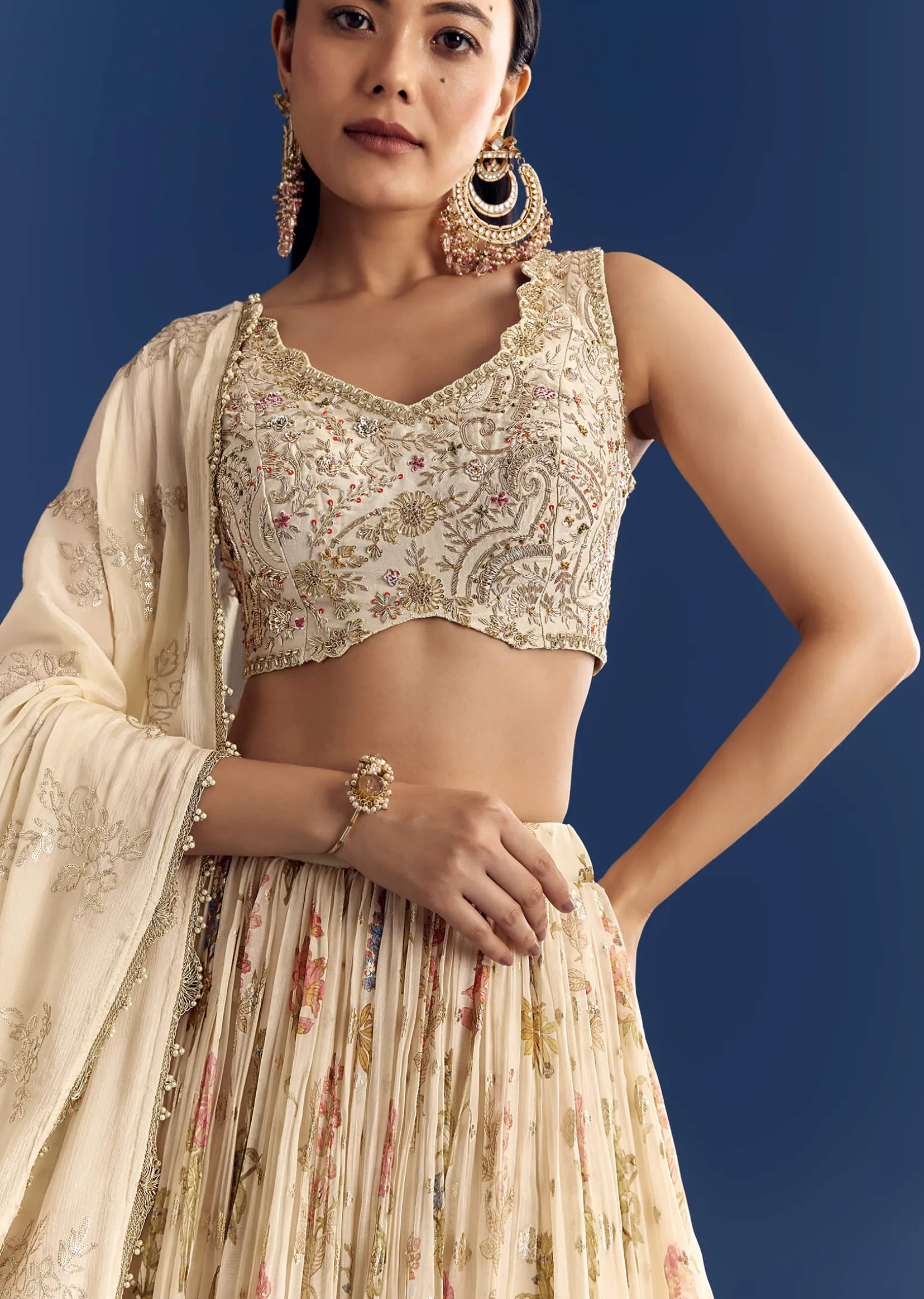 Cream Organza Lehenga Set With Zardosi Choli And Sequins Dupatta