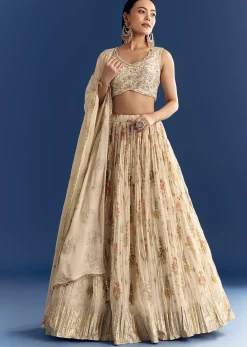 Cream Organza Lehenga Set With Zardosi Choli And Sequins Dupatta