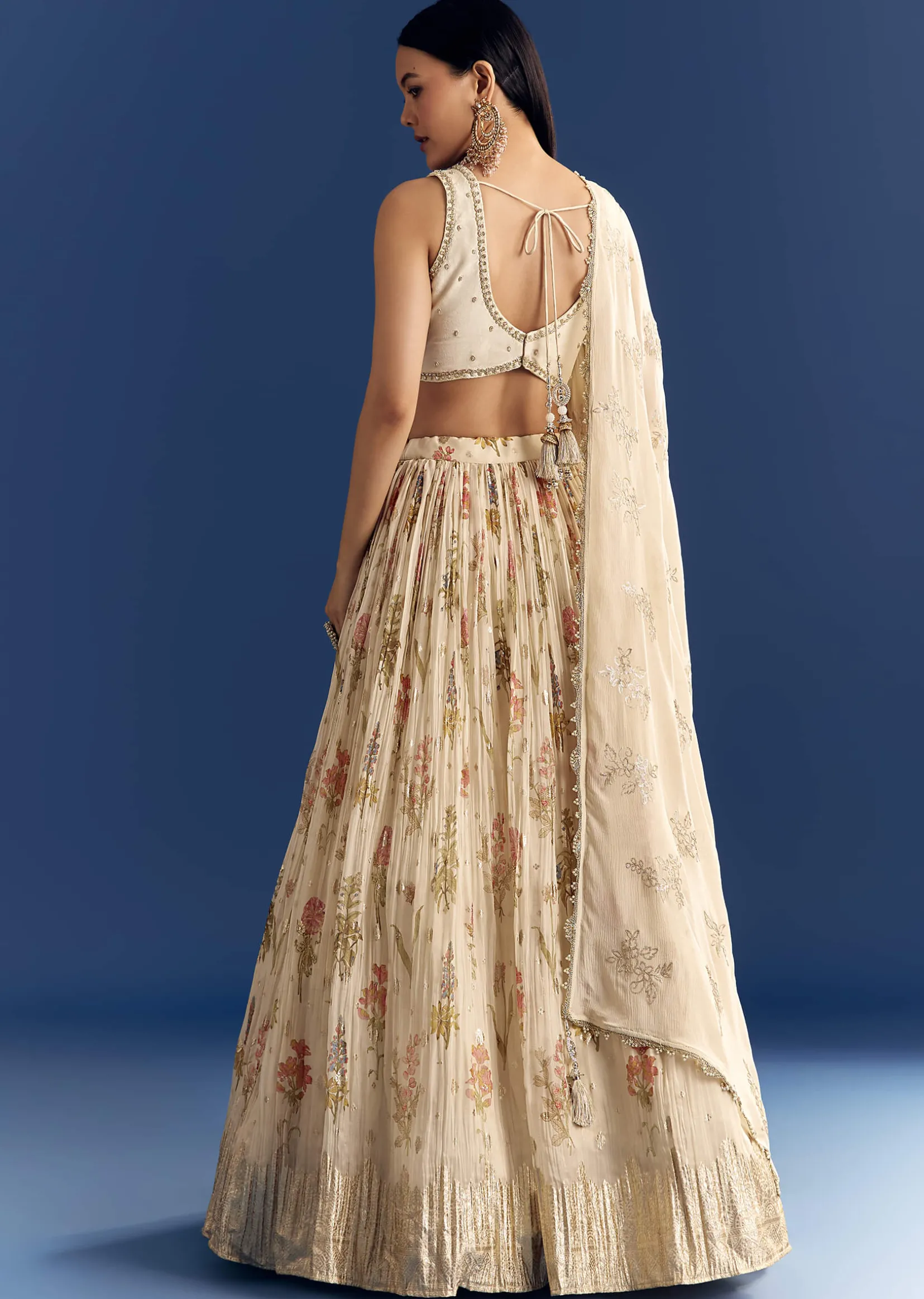 Cream Organza Lehenga Set With Zardosi Choli And Sequins Dupatta