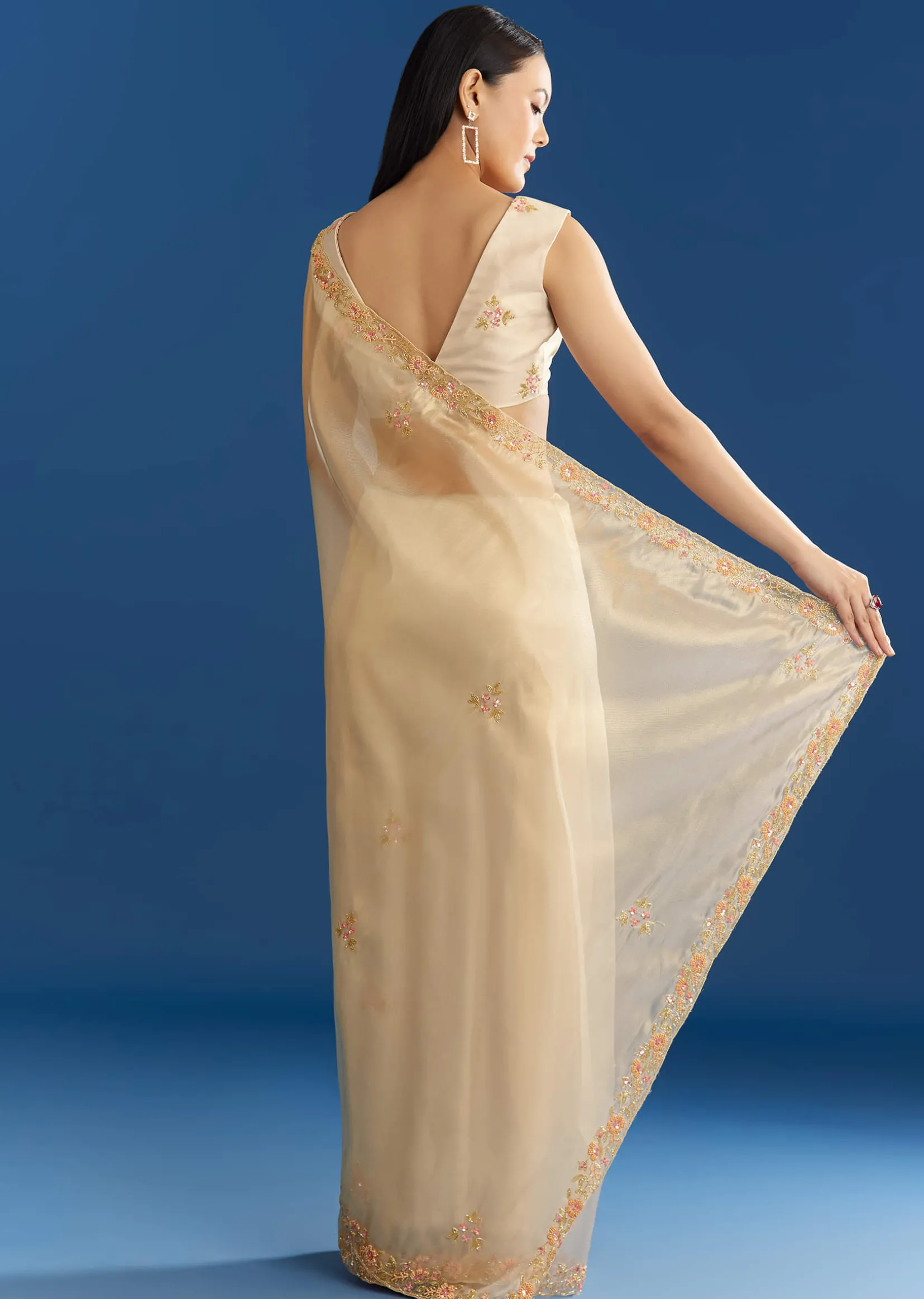 Cream Organza Tissue Saree With Subtle Beaded Border