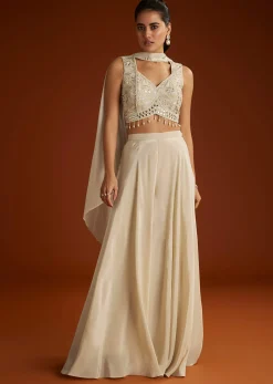 Cream Patch And Mirrorwork Crop Top With Choker Dupatta