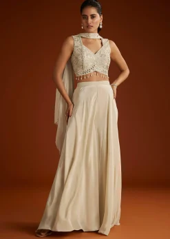 Cream Patch And Mirrorwork Crop Top With Choker Dupatta