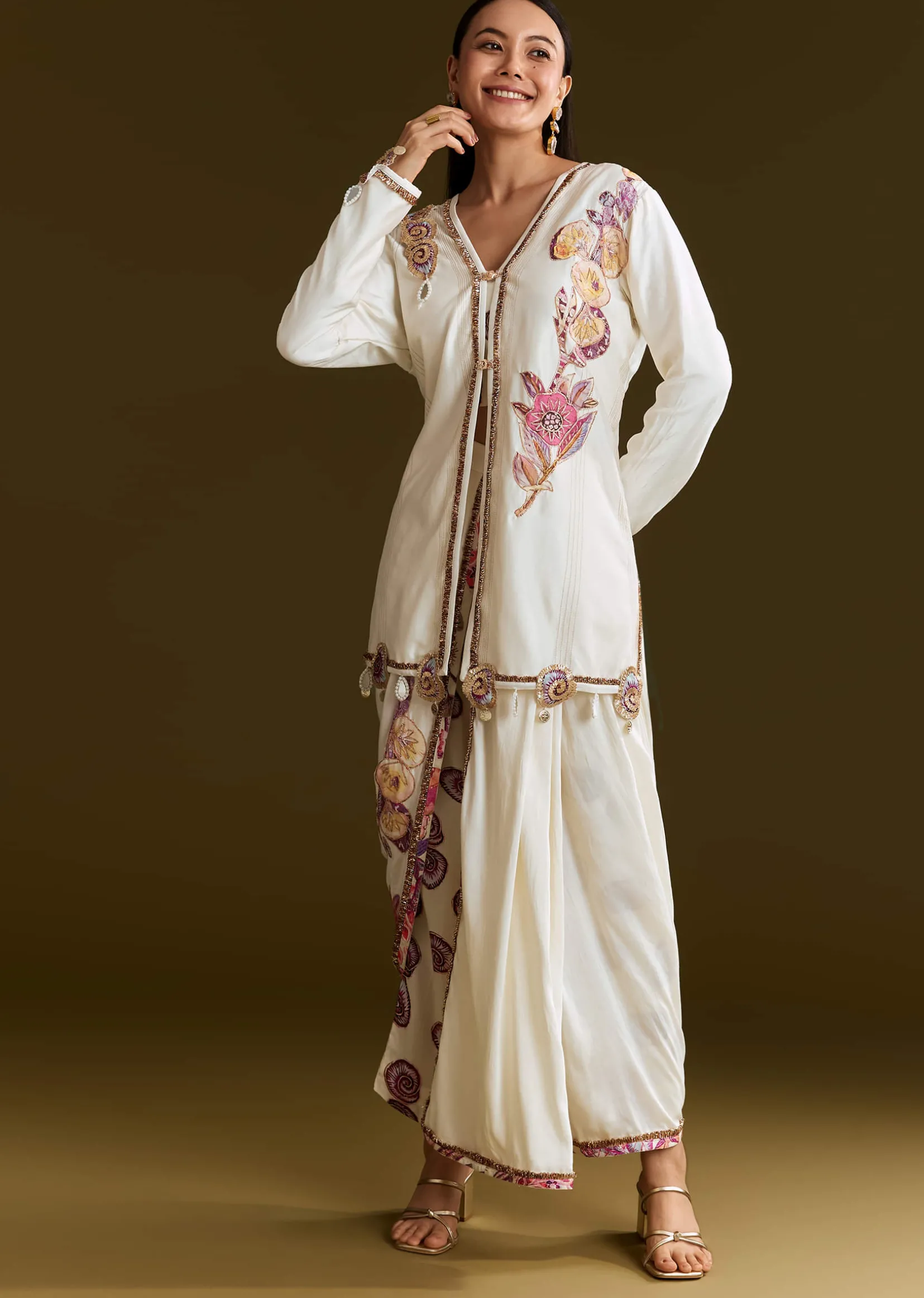 Cream Printed Croptop Set With Gotta Work Jacket And Dhoti Skirt