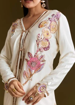 Cream Printed Croptop Set With Gotta Work Jacket And Dhoti Skirt