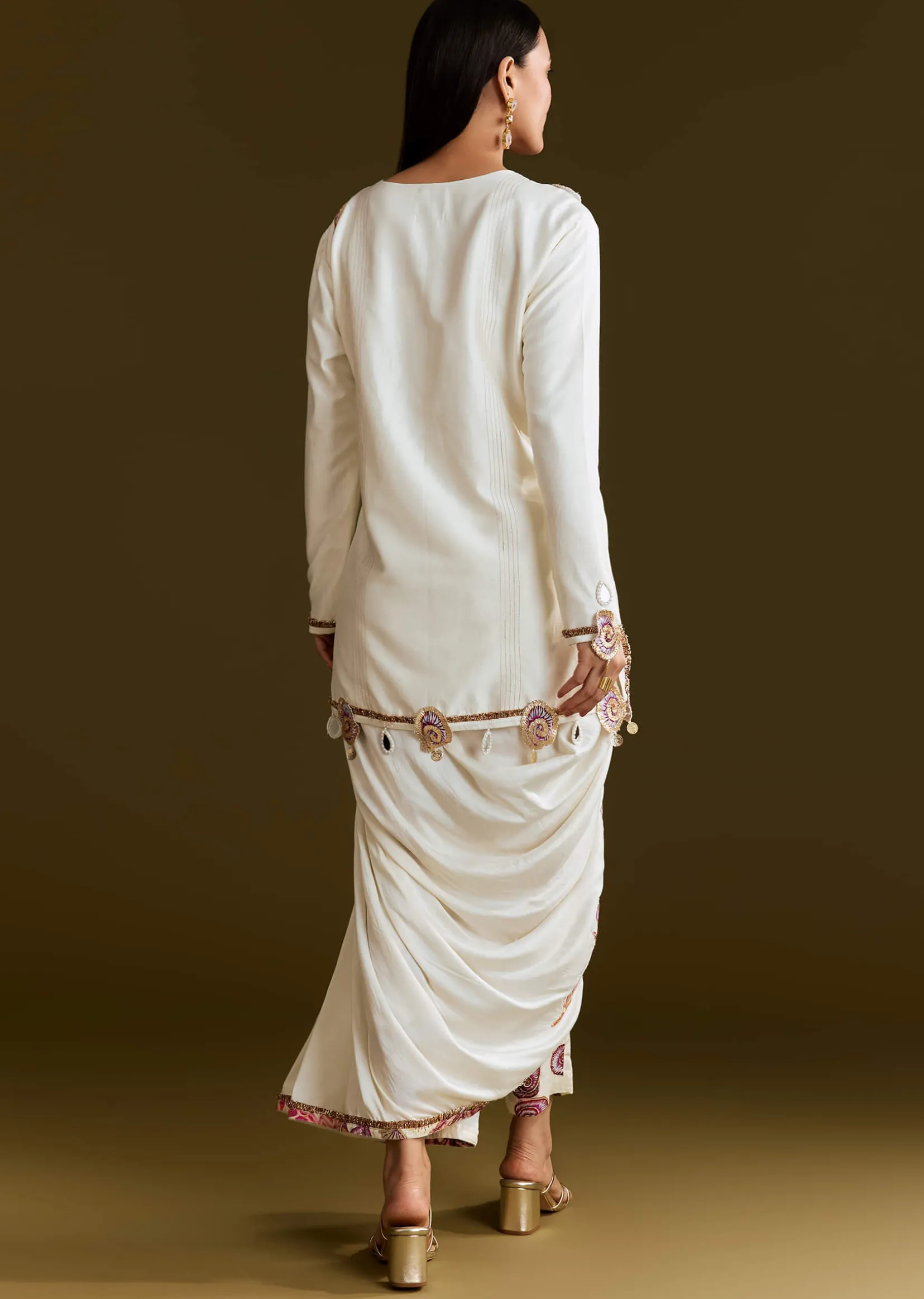 Cream Printed Croptop Set With Gotta Work Jacket And Dhoti Skirt