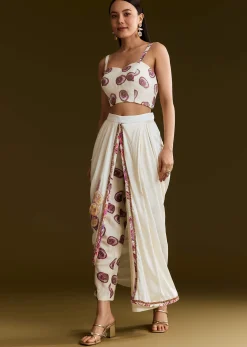 Cream Printed Croptop Set With Gotta Work Jacket And Dhoti Skirt