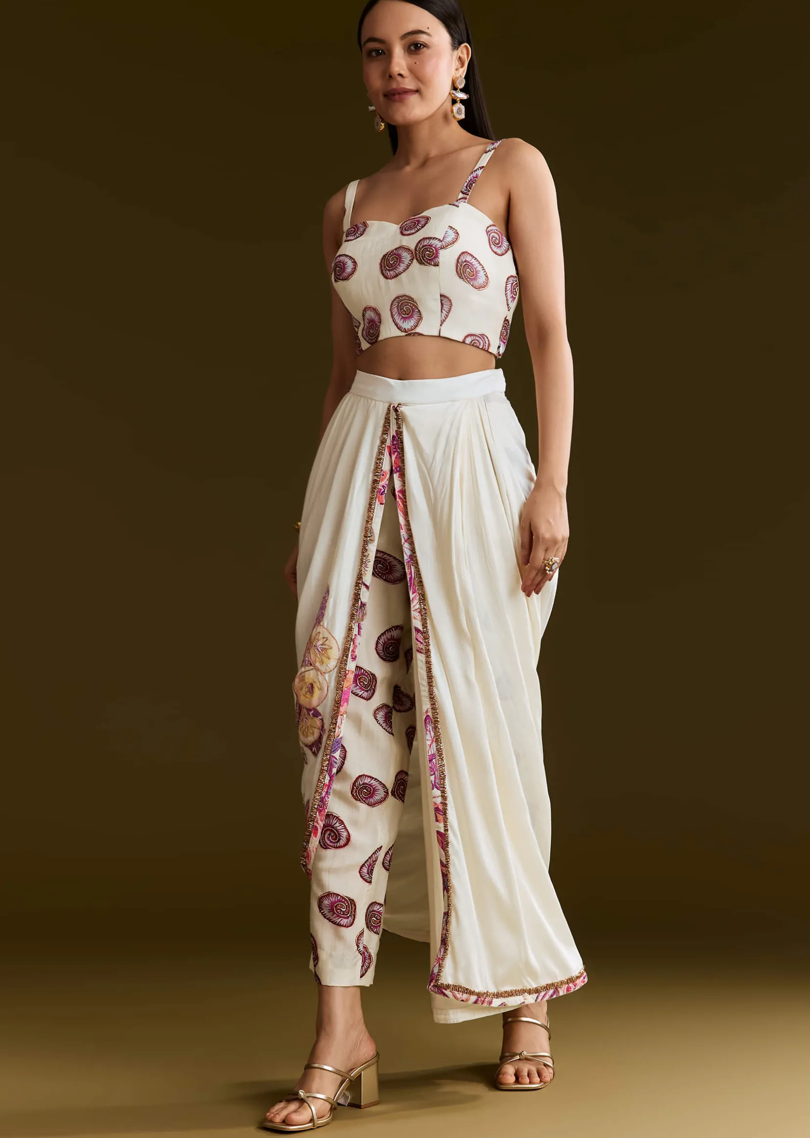 Cream Printed Croptop Set With Gotta Work Jacket And Dhoti Skirt