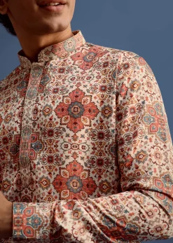 Cream Printed Kurta With Patiala For Men
