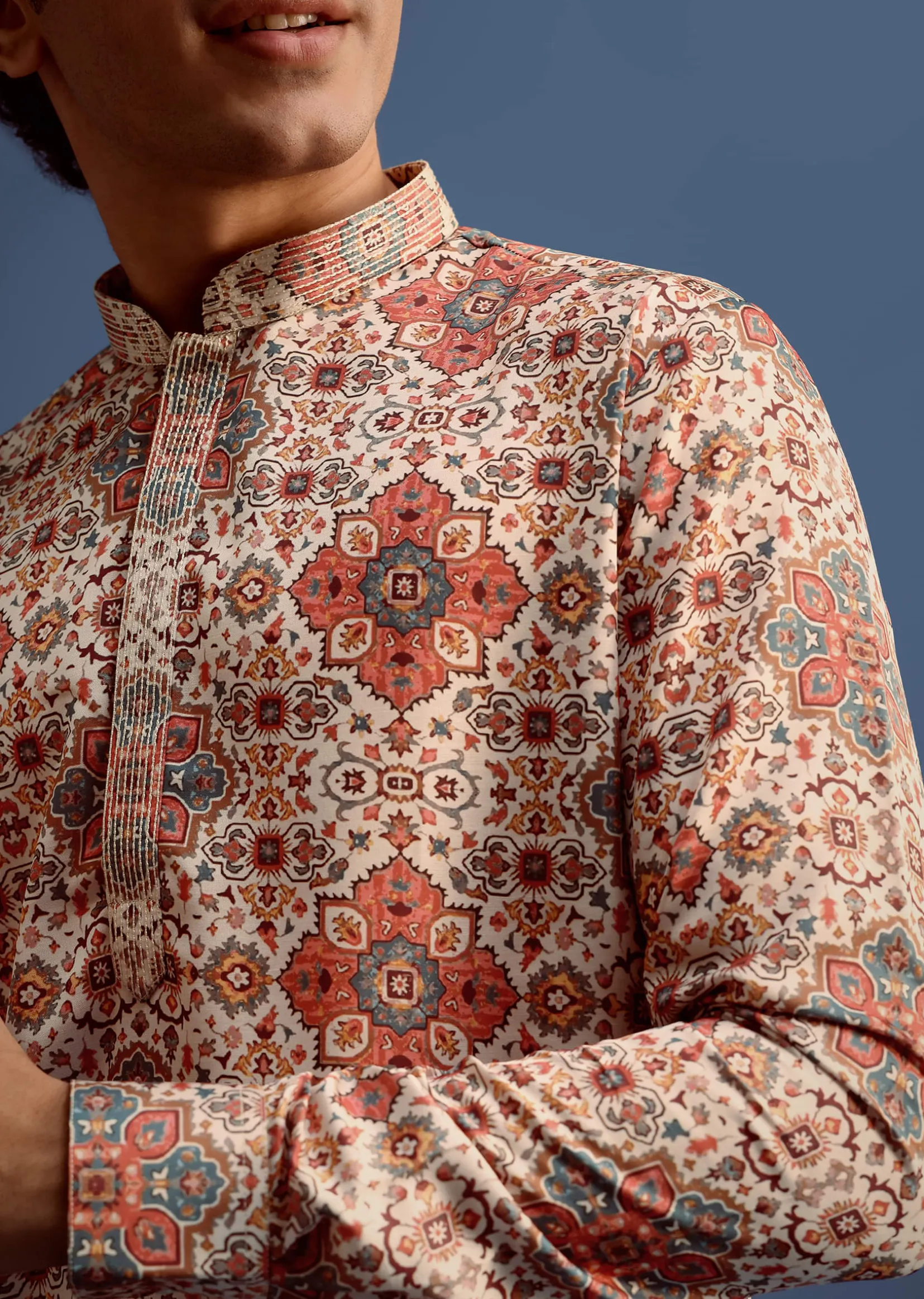 Cream Printed Kurta With Patiala For Men