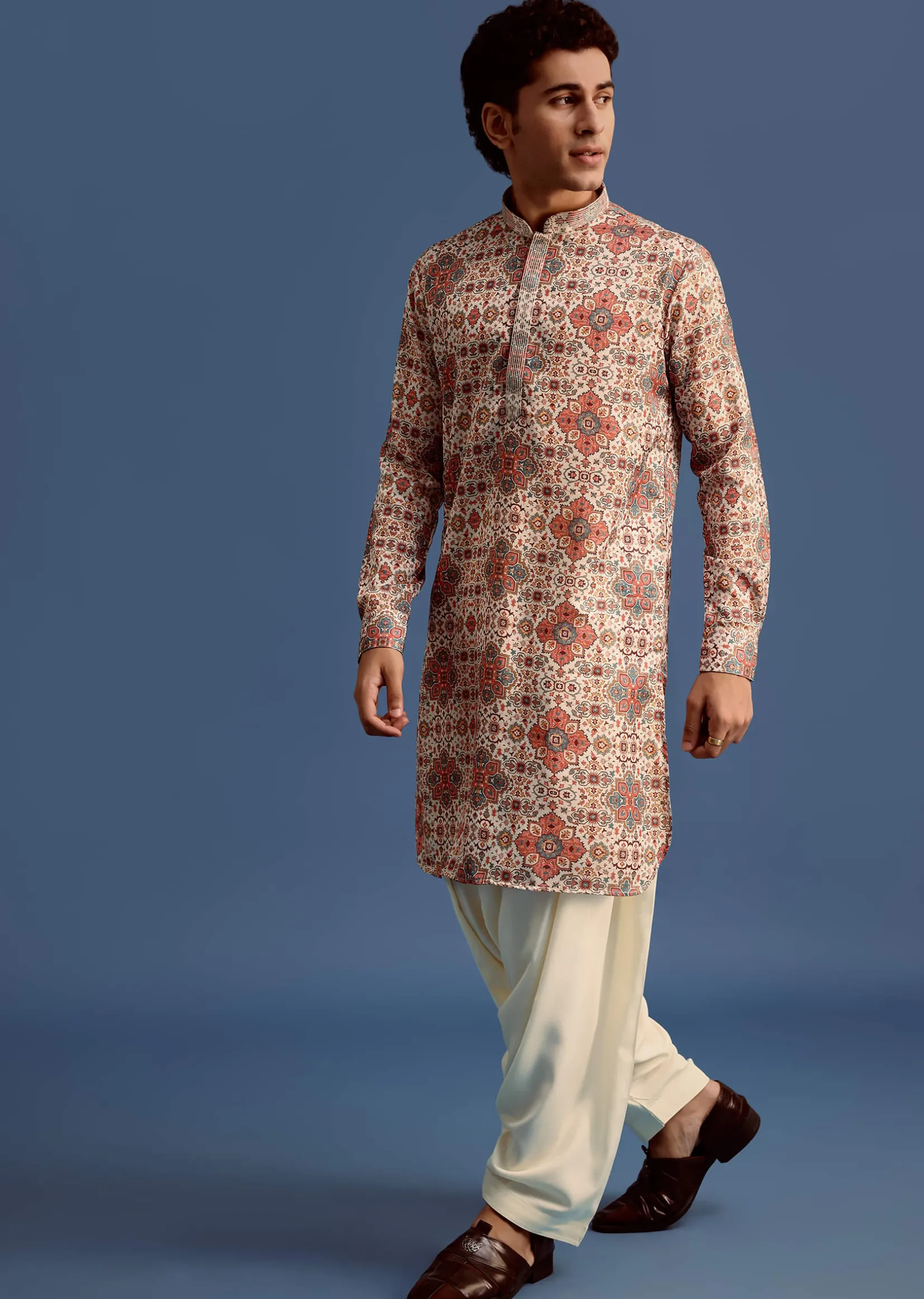 Cream Printed Kurta With Patiala For Men