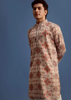 Cream Printed Kurta With Patiala For Men