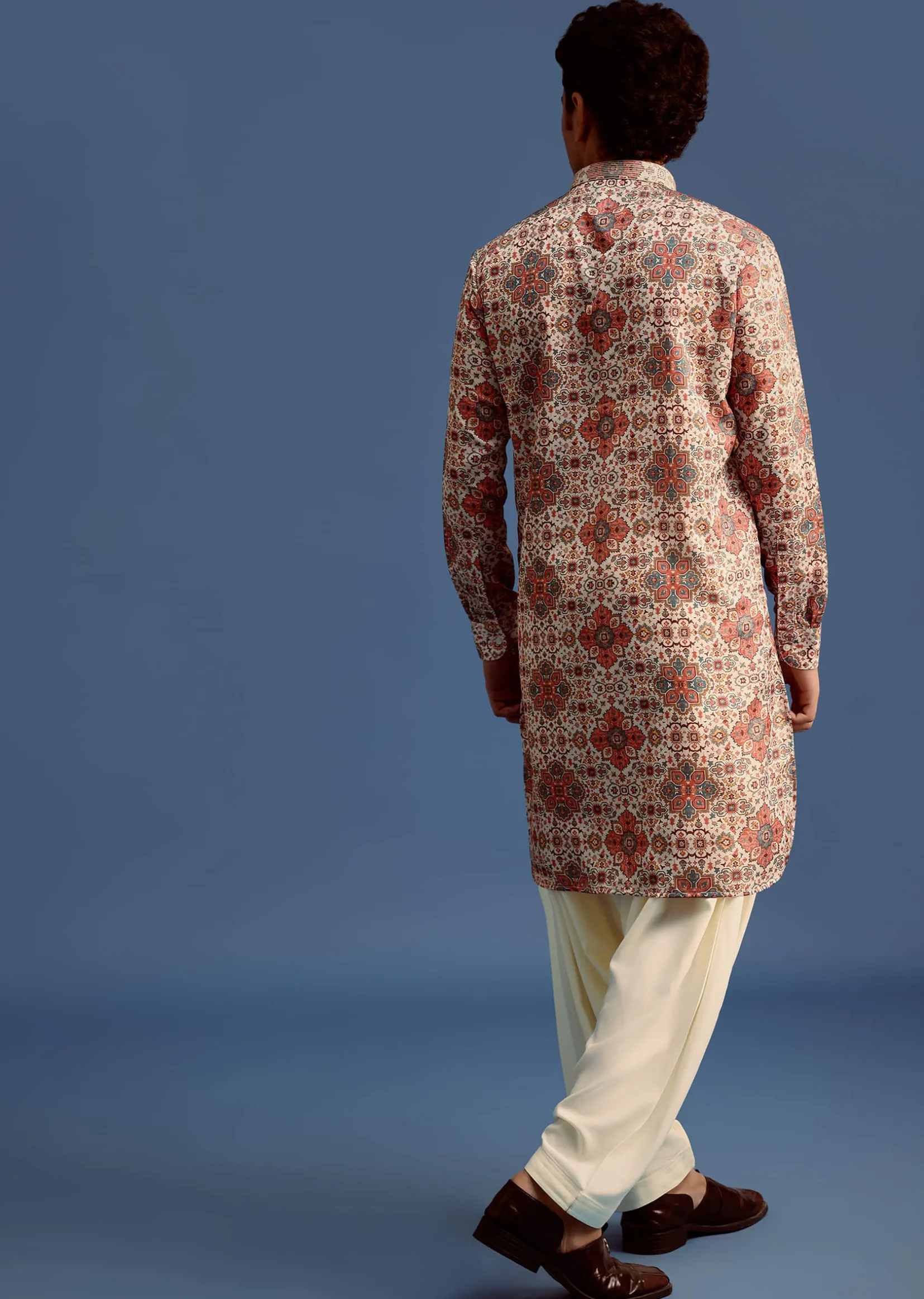 Cream Printed Kurta With Patiala For Men