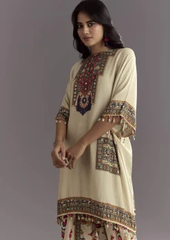 Cream Printed Muslin Kurta And Dhoti