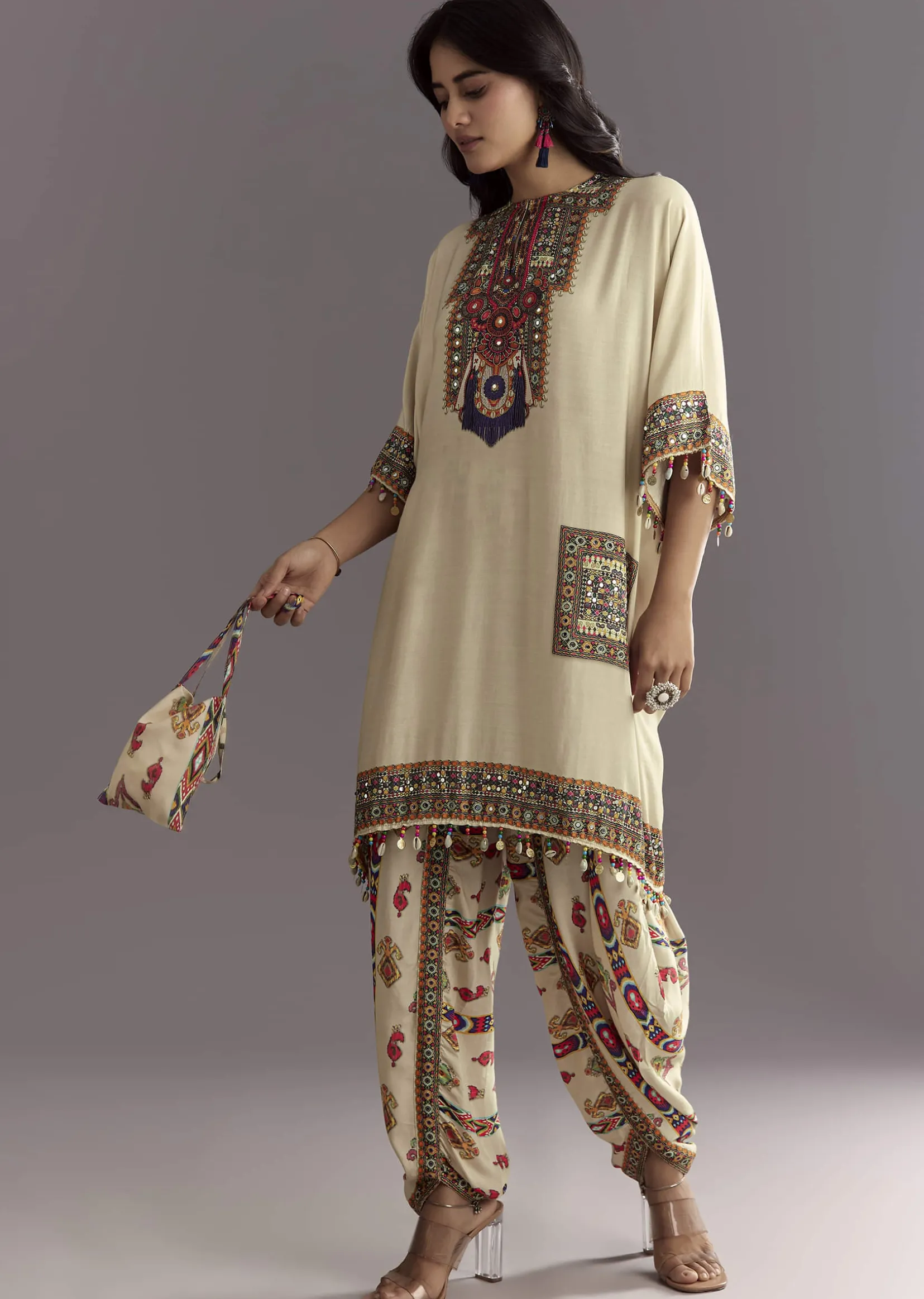 Cream Printed Muslin Kurta And Dhoti
