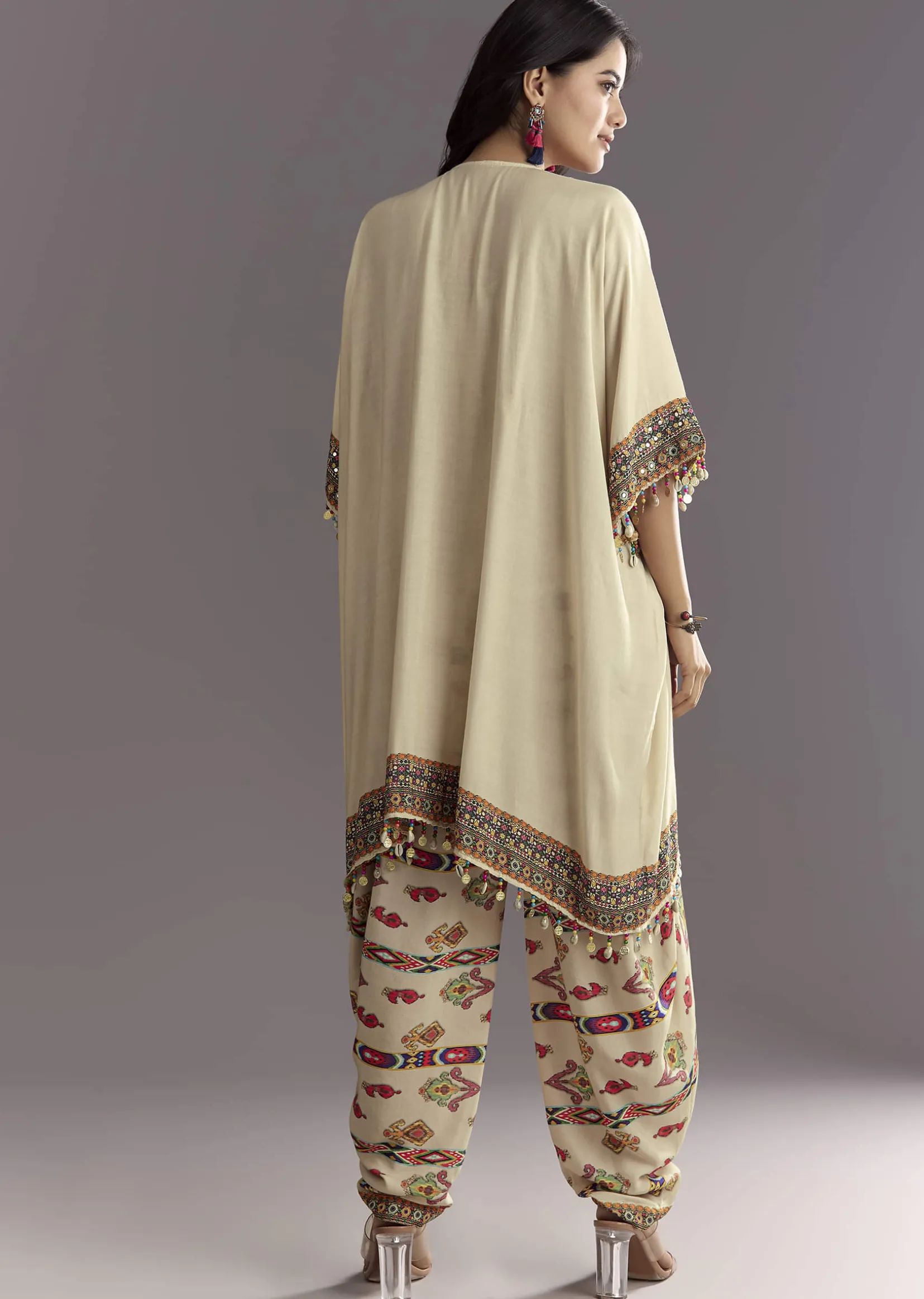 Cream Printed Muslin Kurta And Dhoti