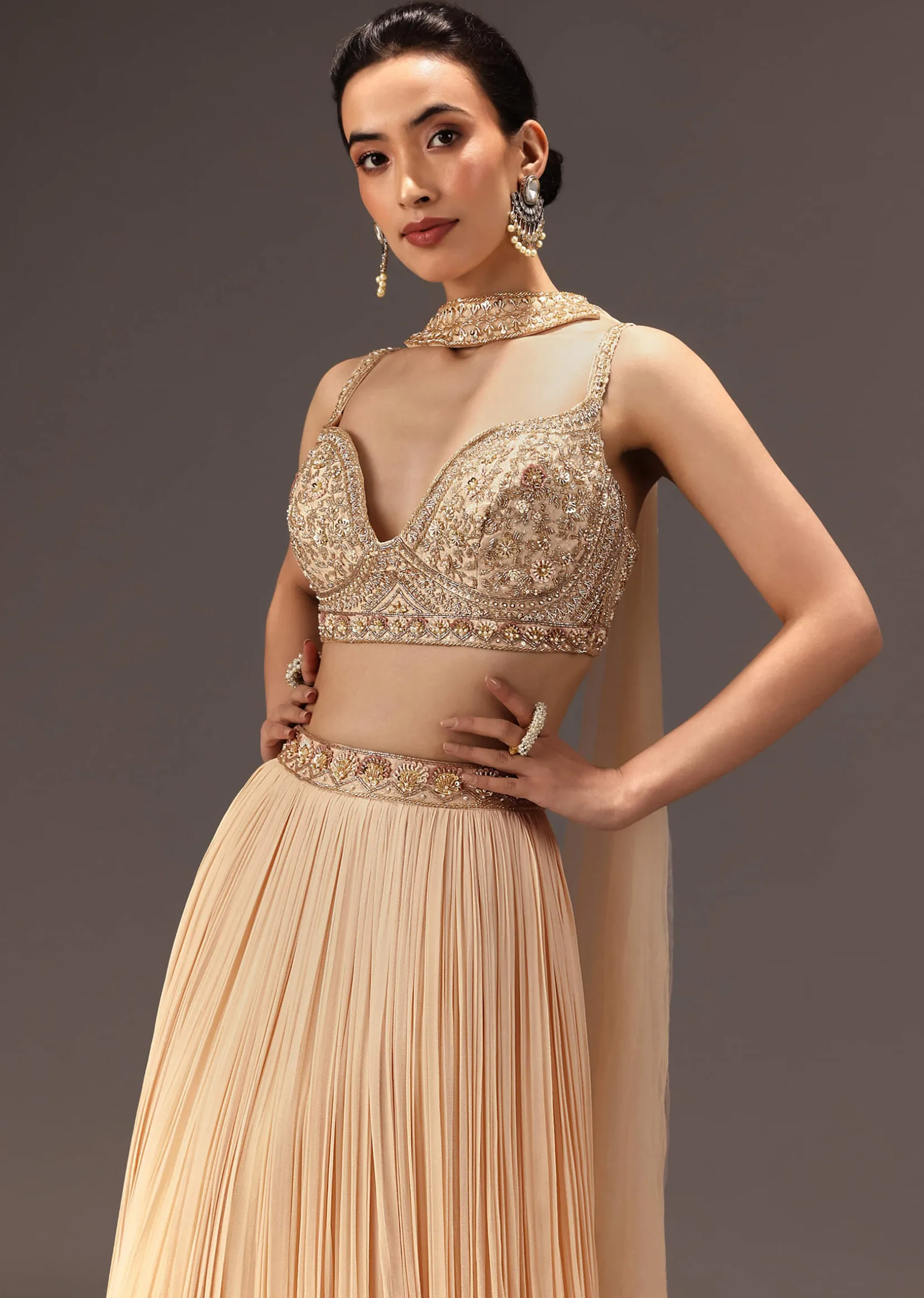 Cream Ruched Lehenga Set With Hand Embroidery