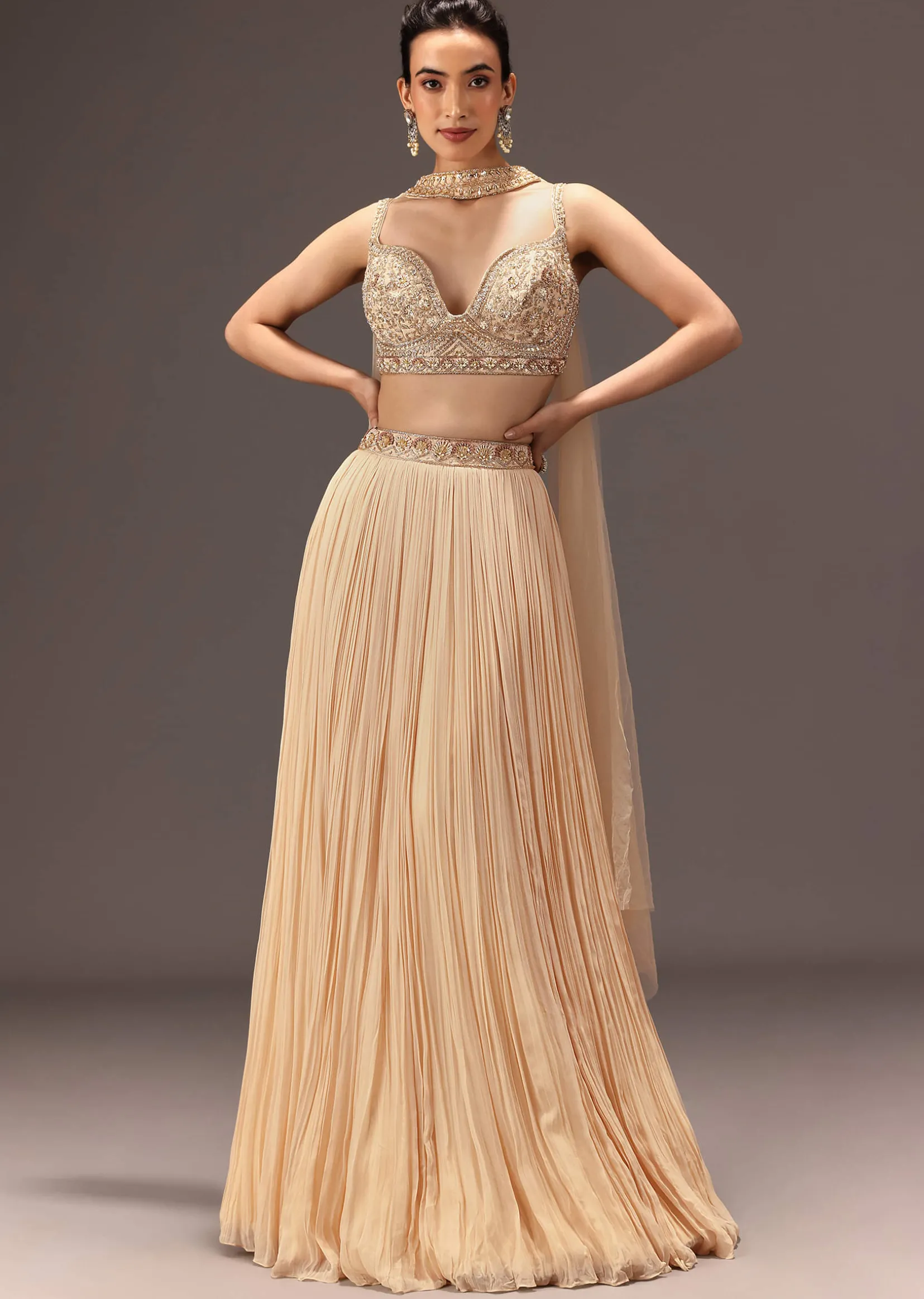 Cream Ruched Lehenga Set With Hand Embroidery