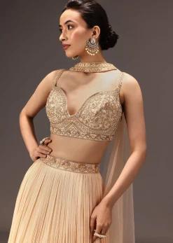Cream Ruched Lehenga Set With Hand Embroidery