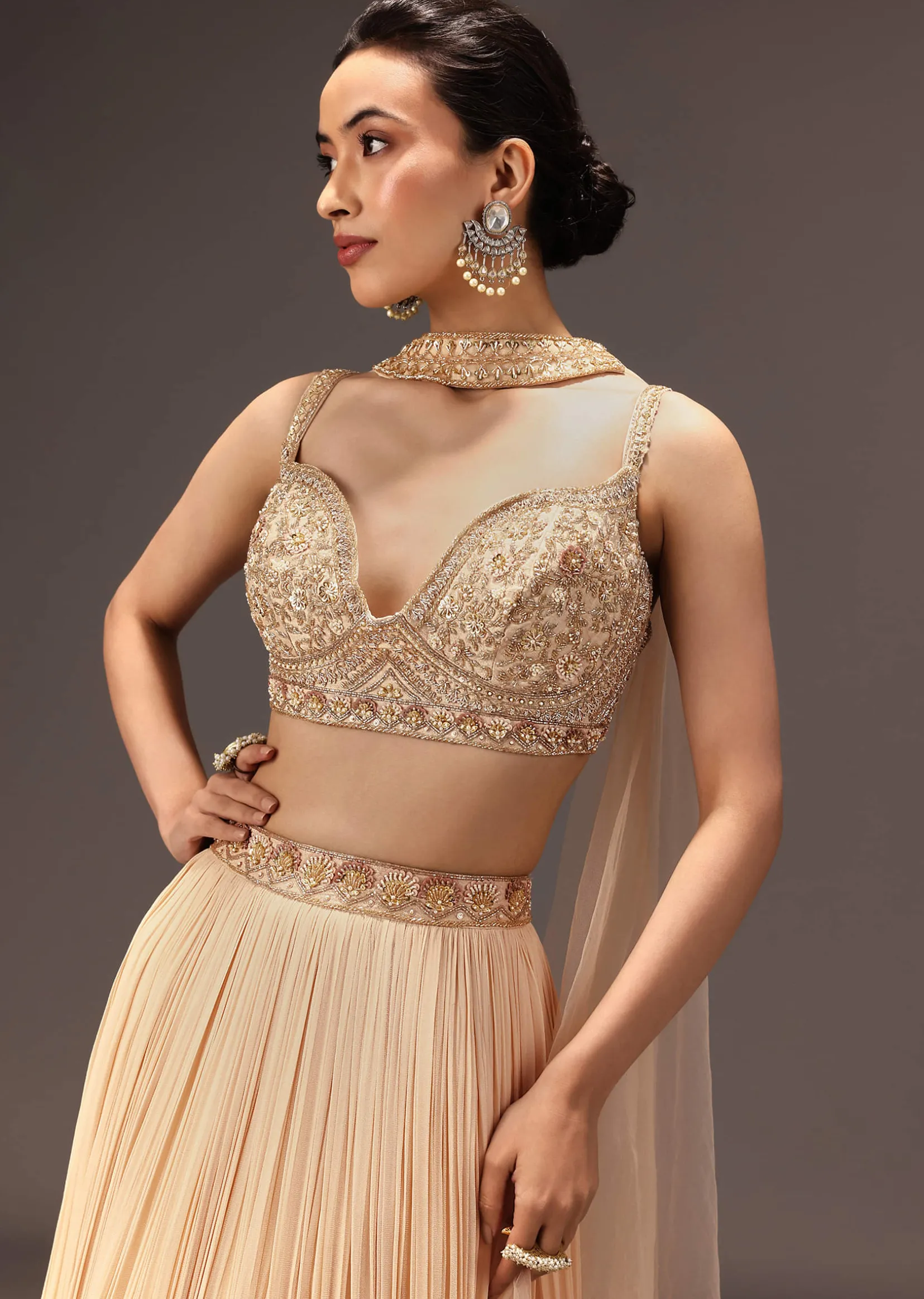 Cream Ruched Lehenga Set With Hand Embroidery