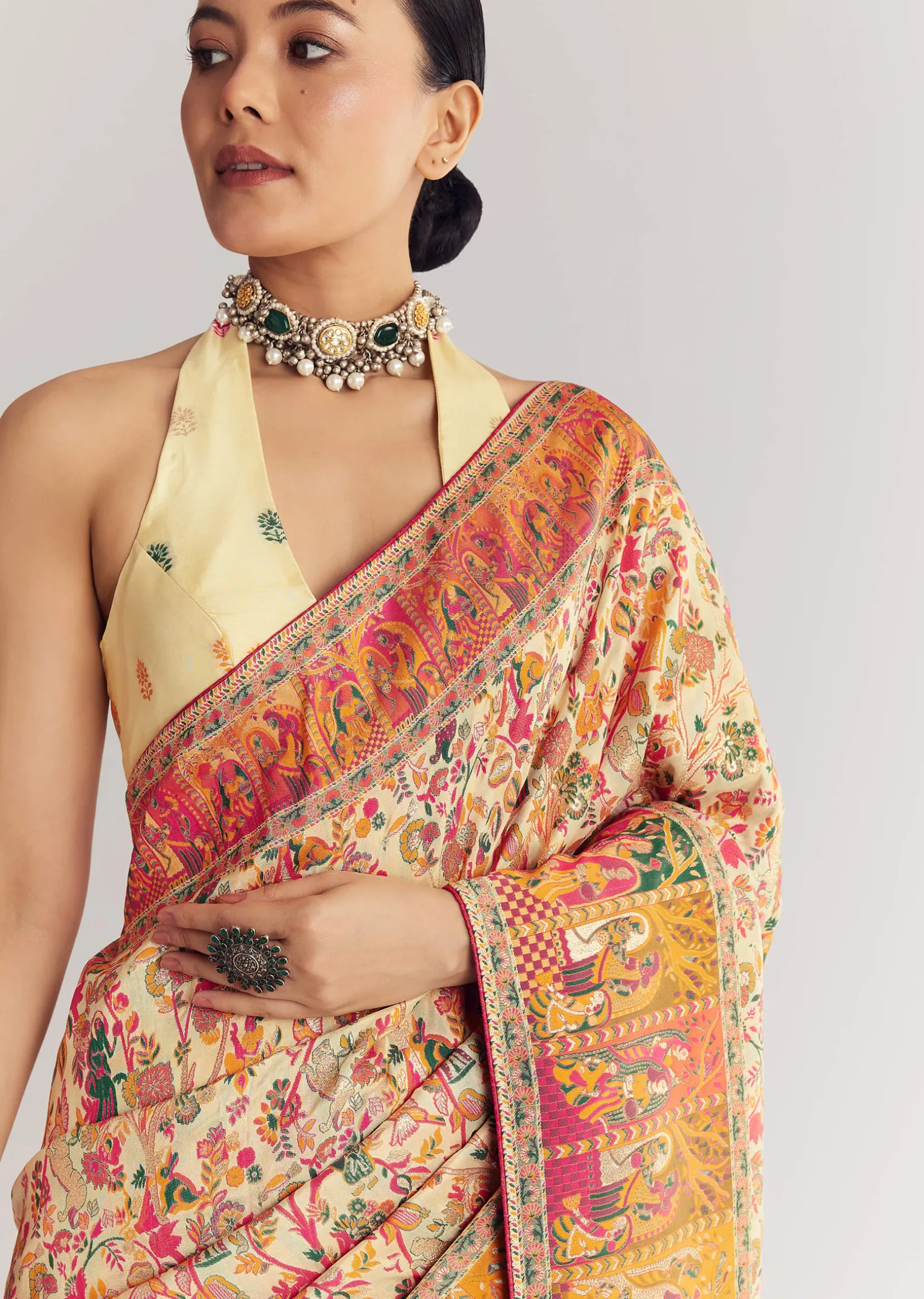 Cream Saree With Traditional Woven Elements