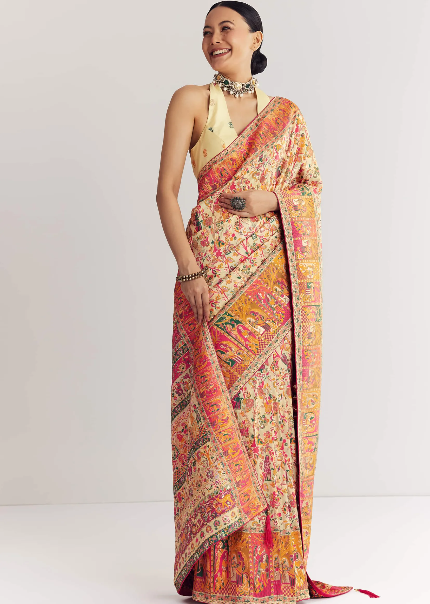 Cream Saree With Traditional Woven Elements