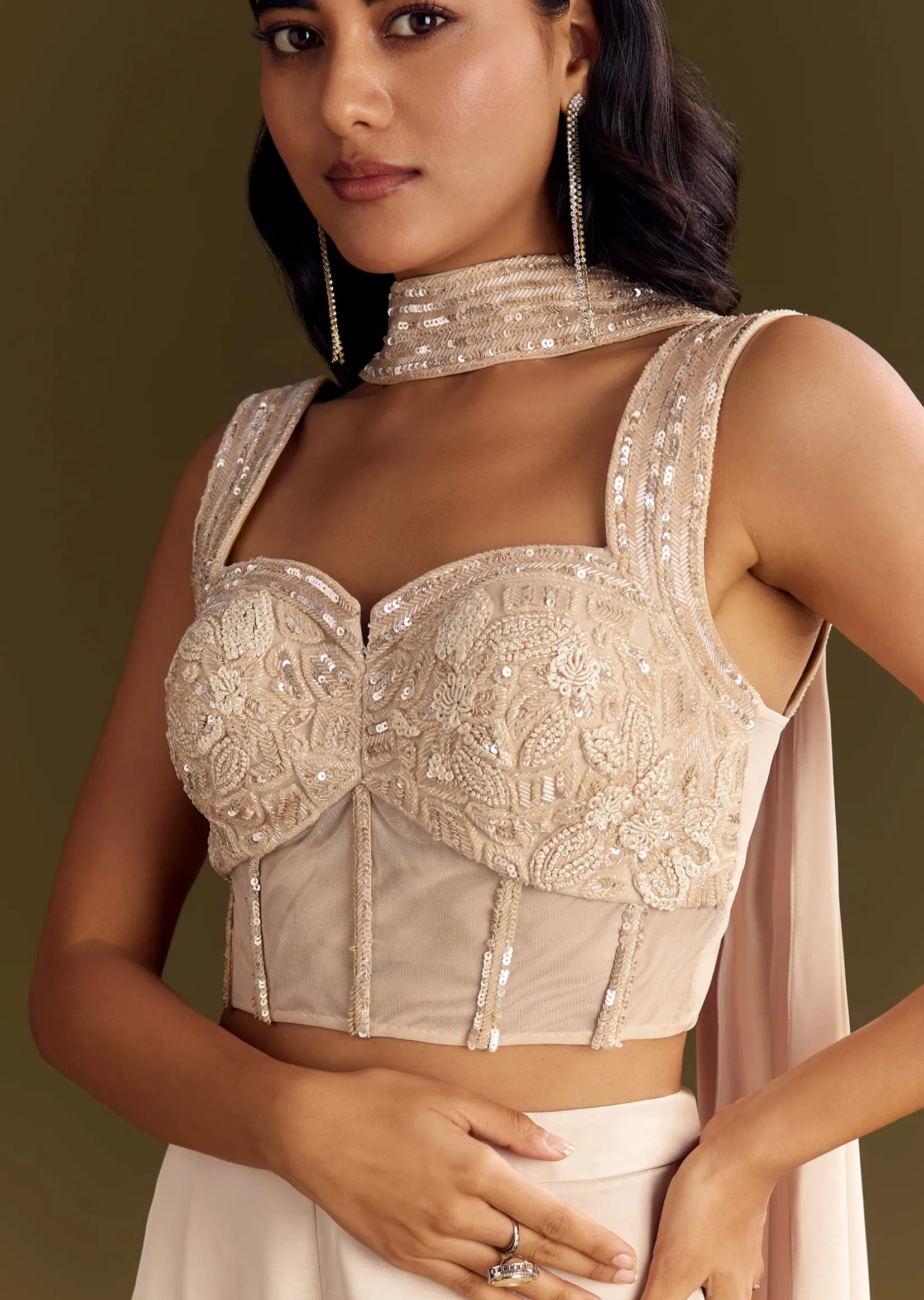 Cream Satin Bustier Palazzo Suit With Choker Dupatta