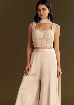 Cream Satin Bustier Palazzo Suit With Choker Dupatta