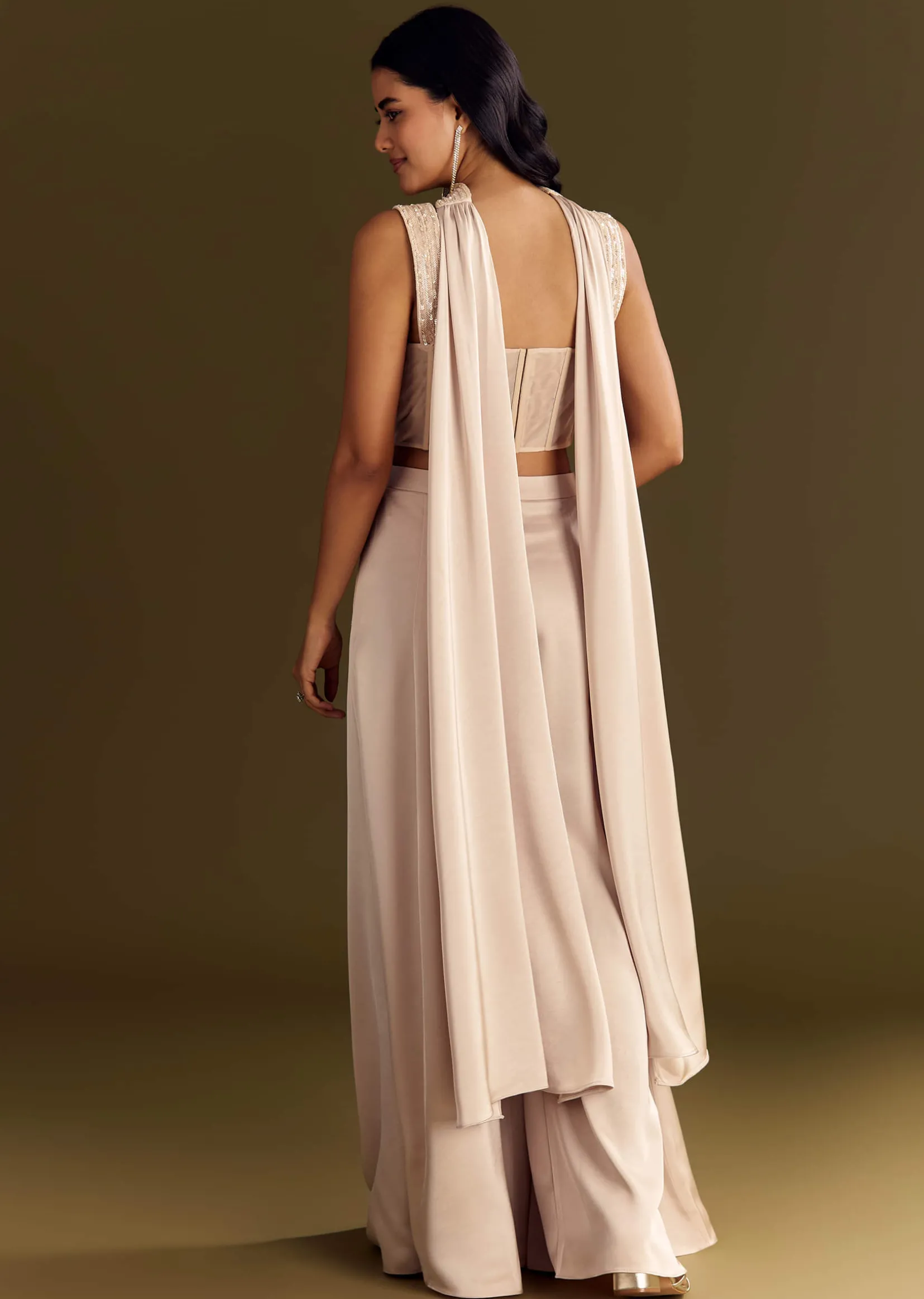 Cream Satin Bustier Palazzo Suit With Choker Dupatta