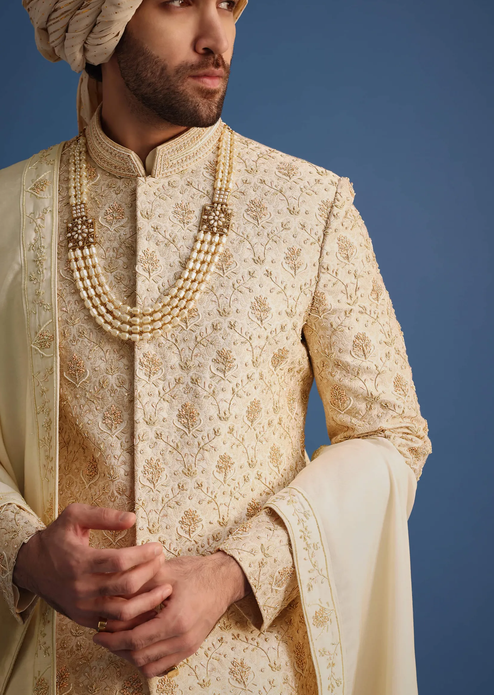 Cream Sherwani Suit With Hand Work