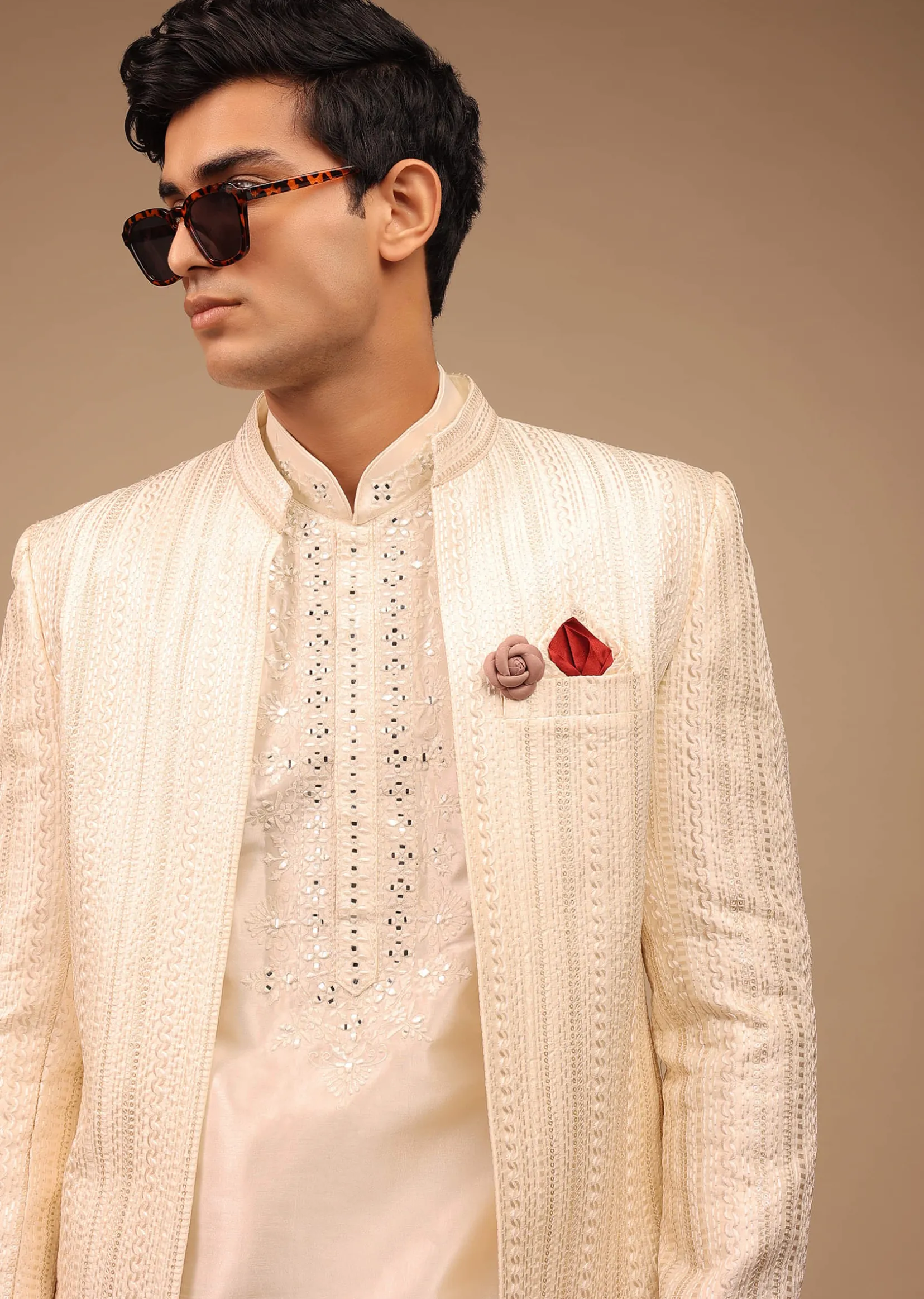 Cream Sherwani With Detailed Resham Work
