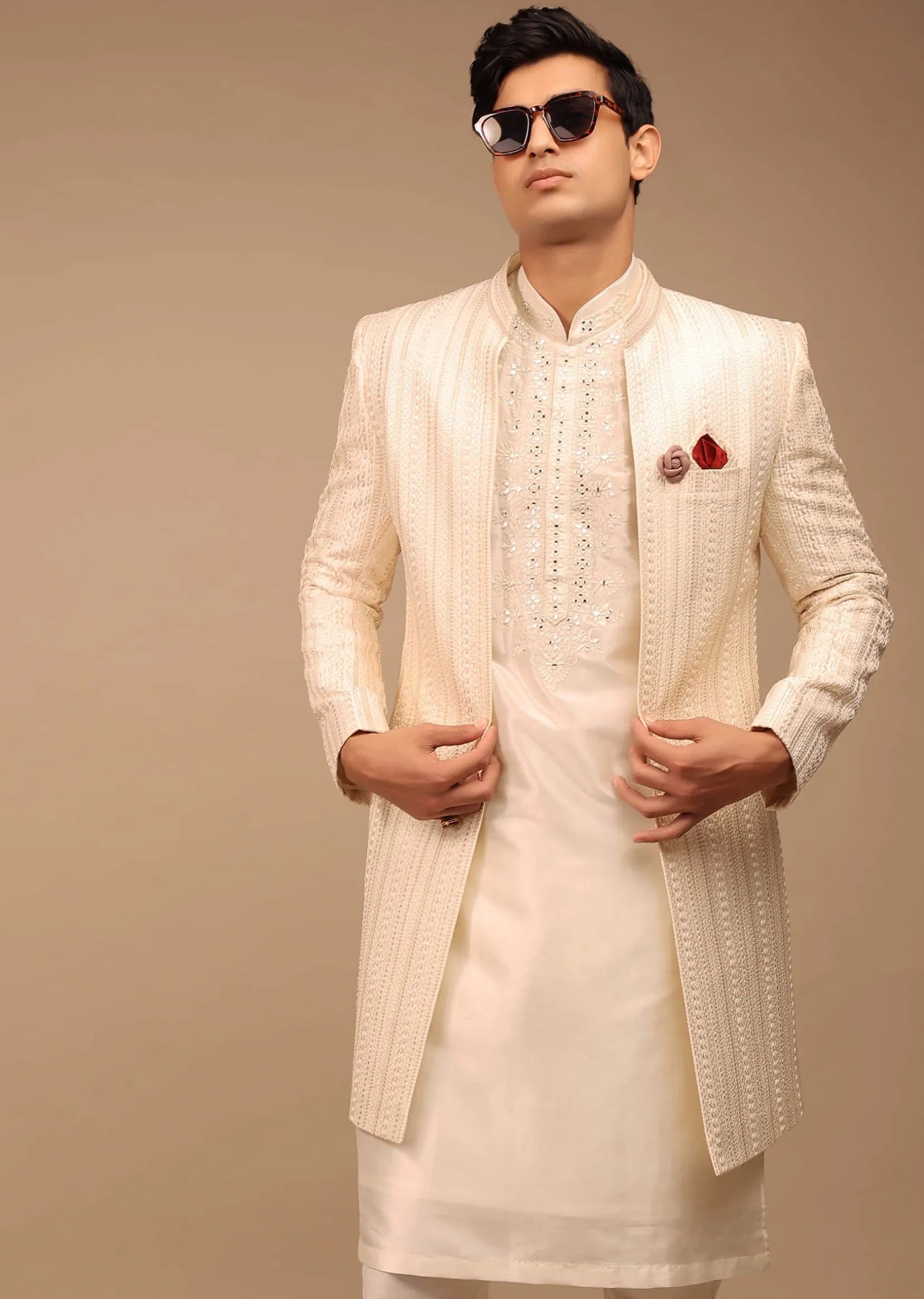 Cream Sherwani With Detailed Resham Work