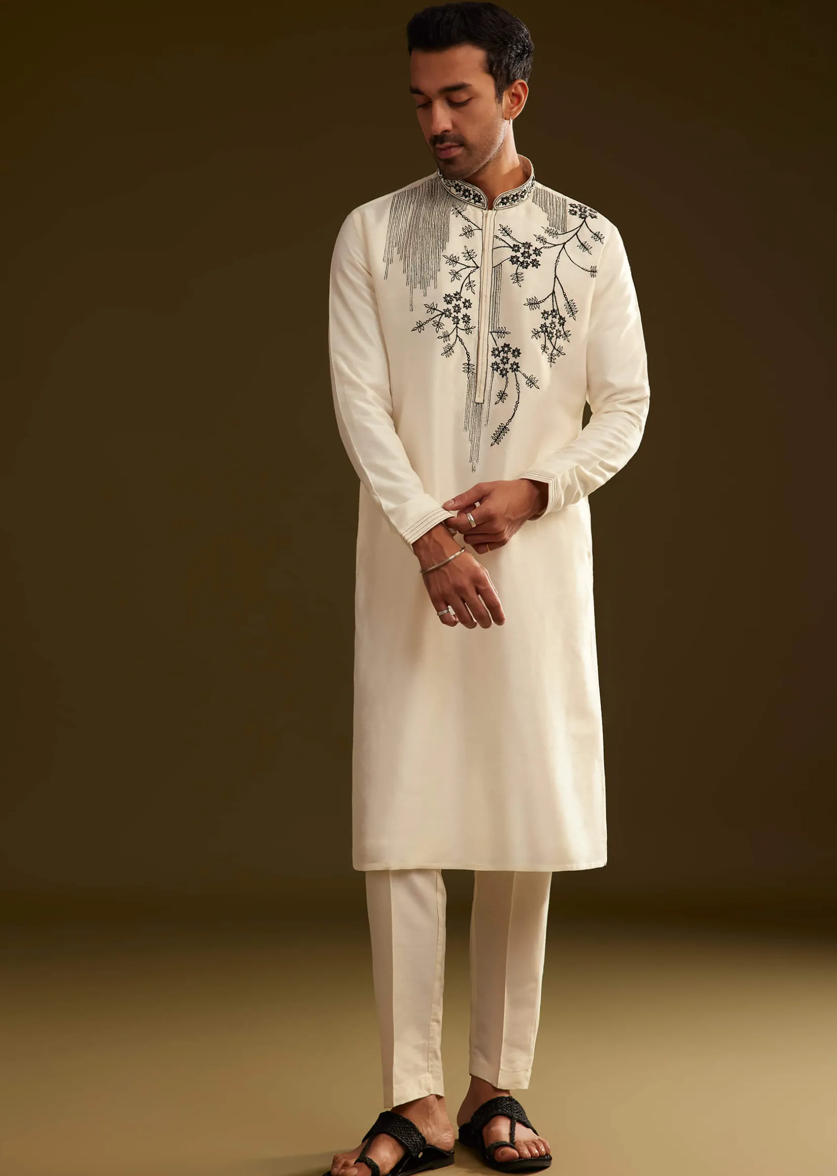 Cream Silk Embroidery Kurta Set
