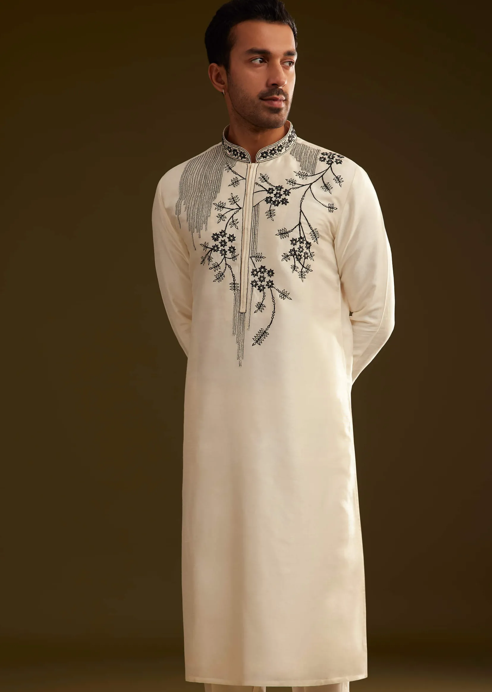 Cream Silk Embroidery Kurta Set