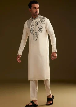 Cream Silk Embroidery Kurta Set