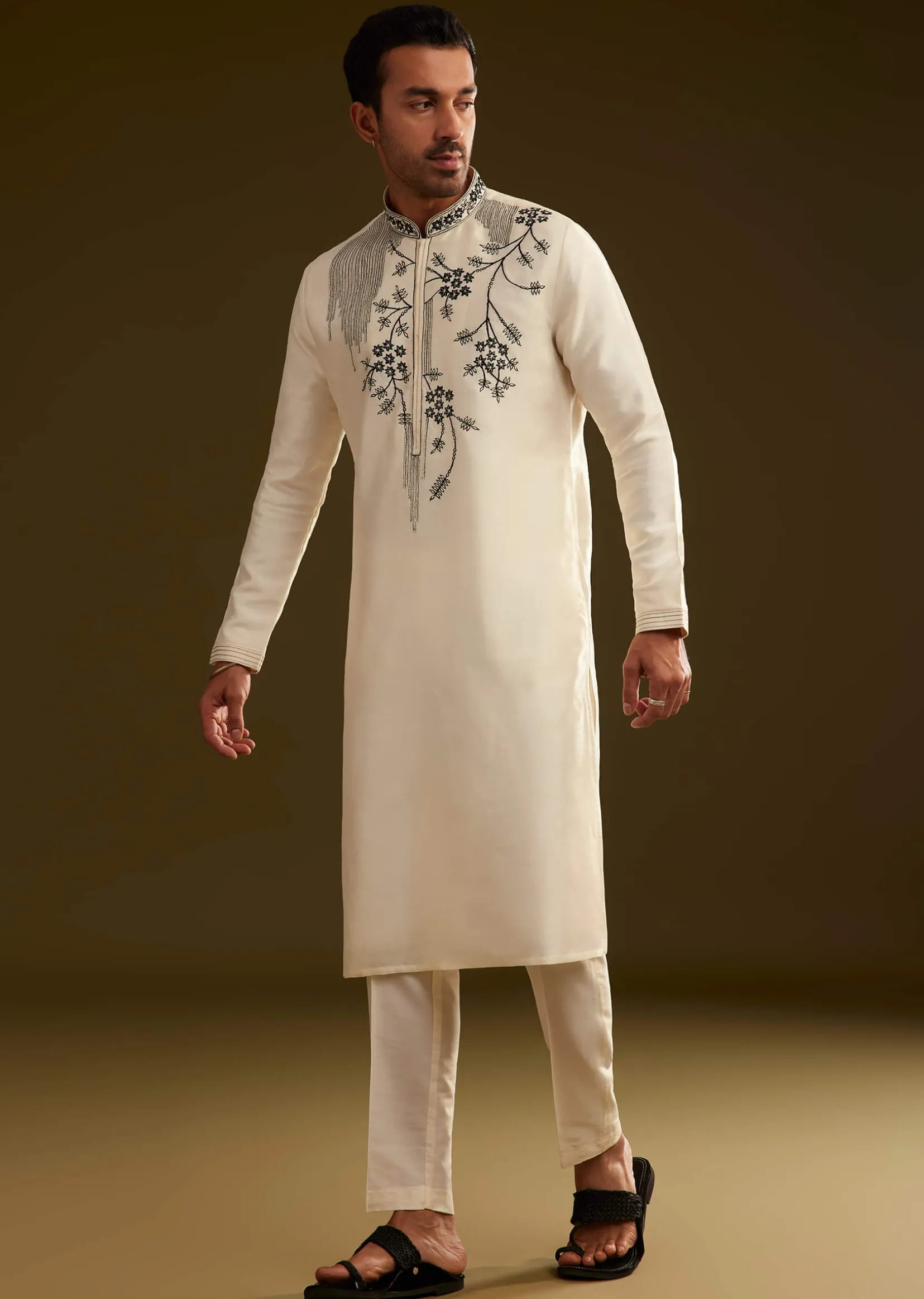 Cream Silk Embroidery Kurta Set