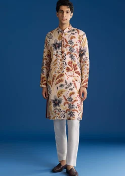 Cream Silk Floral Resham Threadwork Kurta Jacket Set
