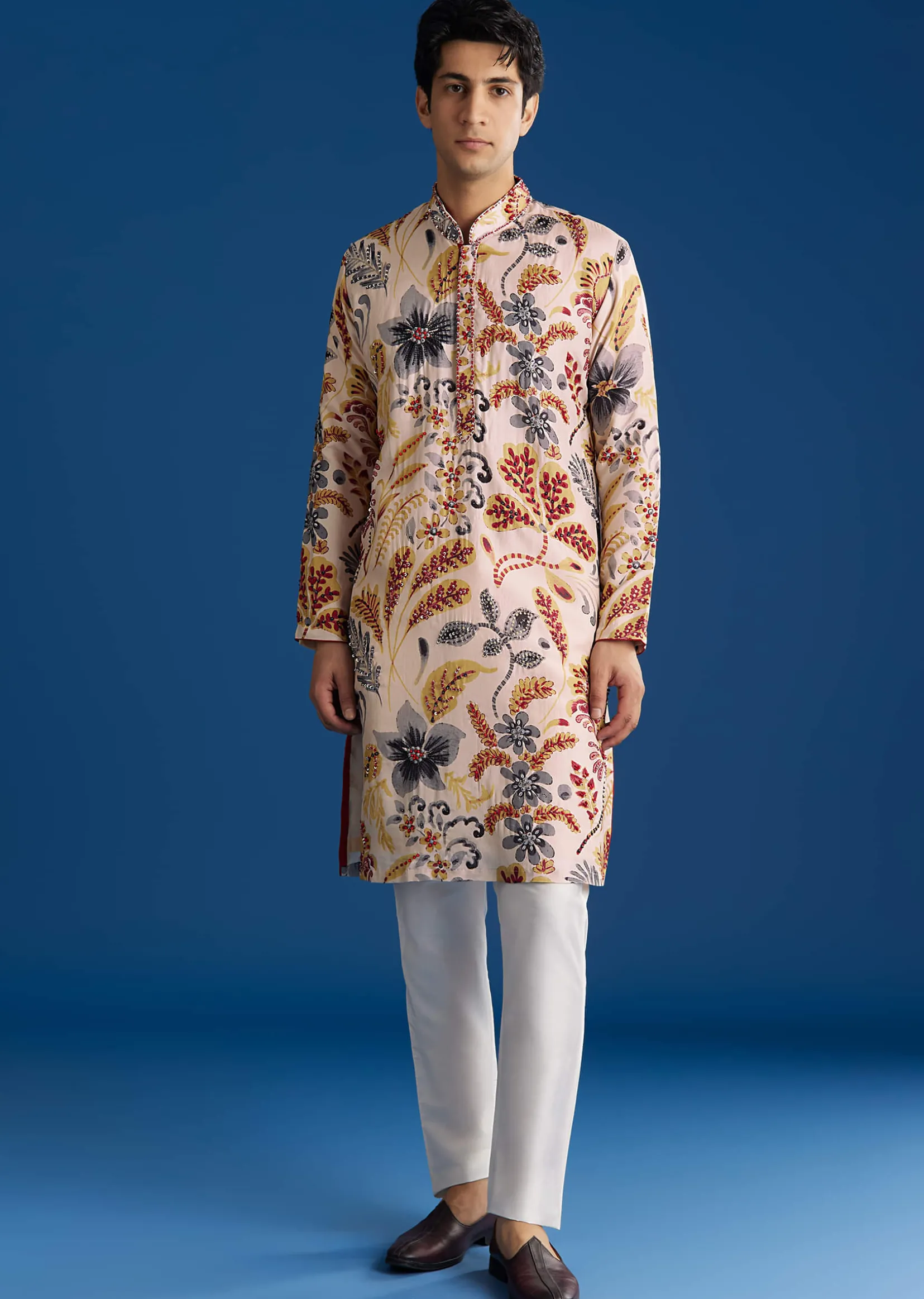 Cream Silk Floral Resham Threadwork Kurta Jacket Set