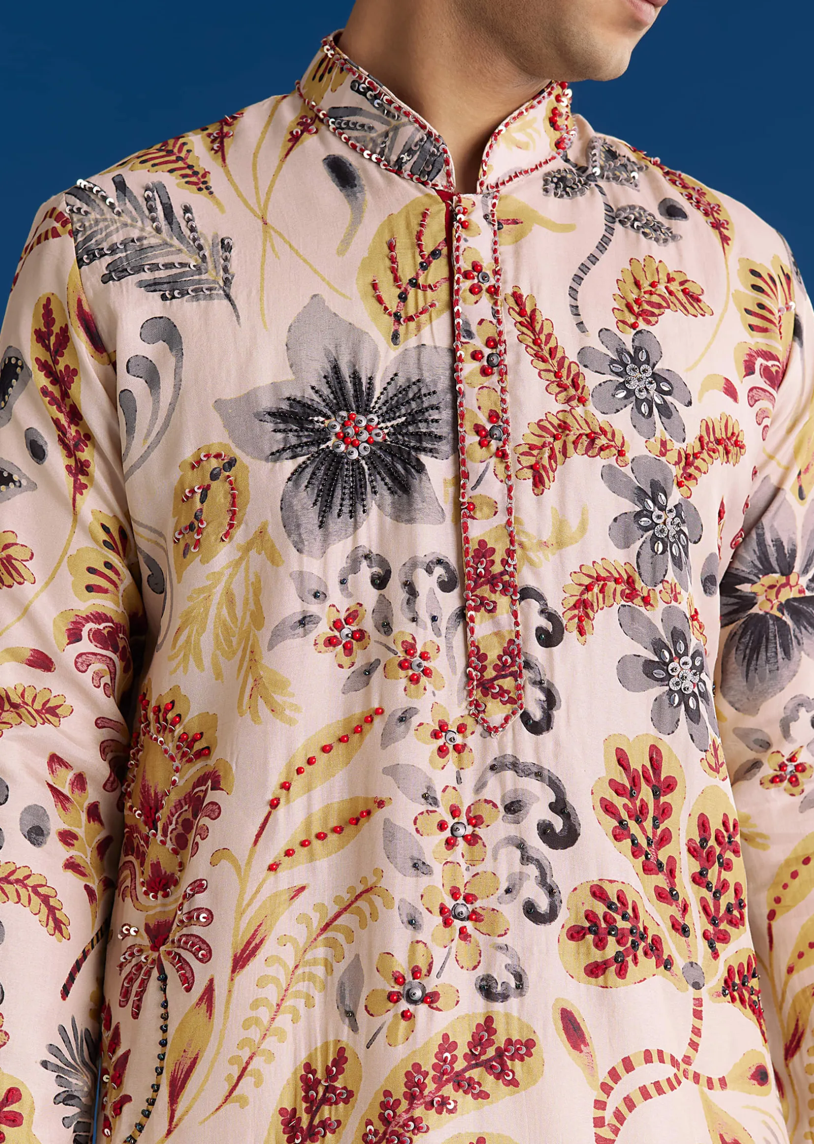 Cream Silk Floral Resham Threadwork Kurta Jacket Set