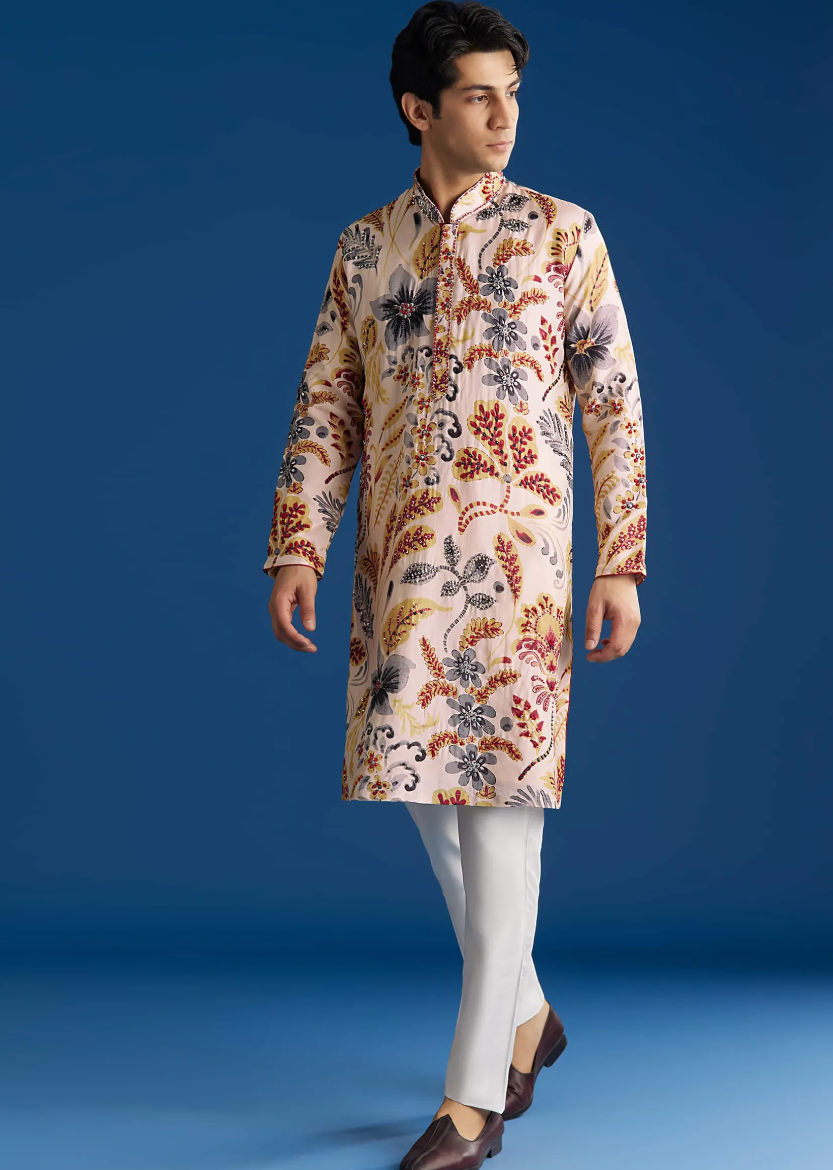 Cream Silk Floral Resham Threadwork Kurta Jacket Set