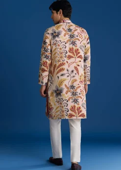 Cream Silk Floral Resham Threadwork Kurta Jacket Set