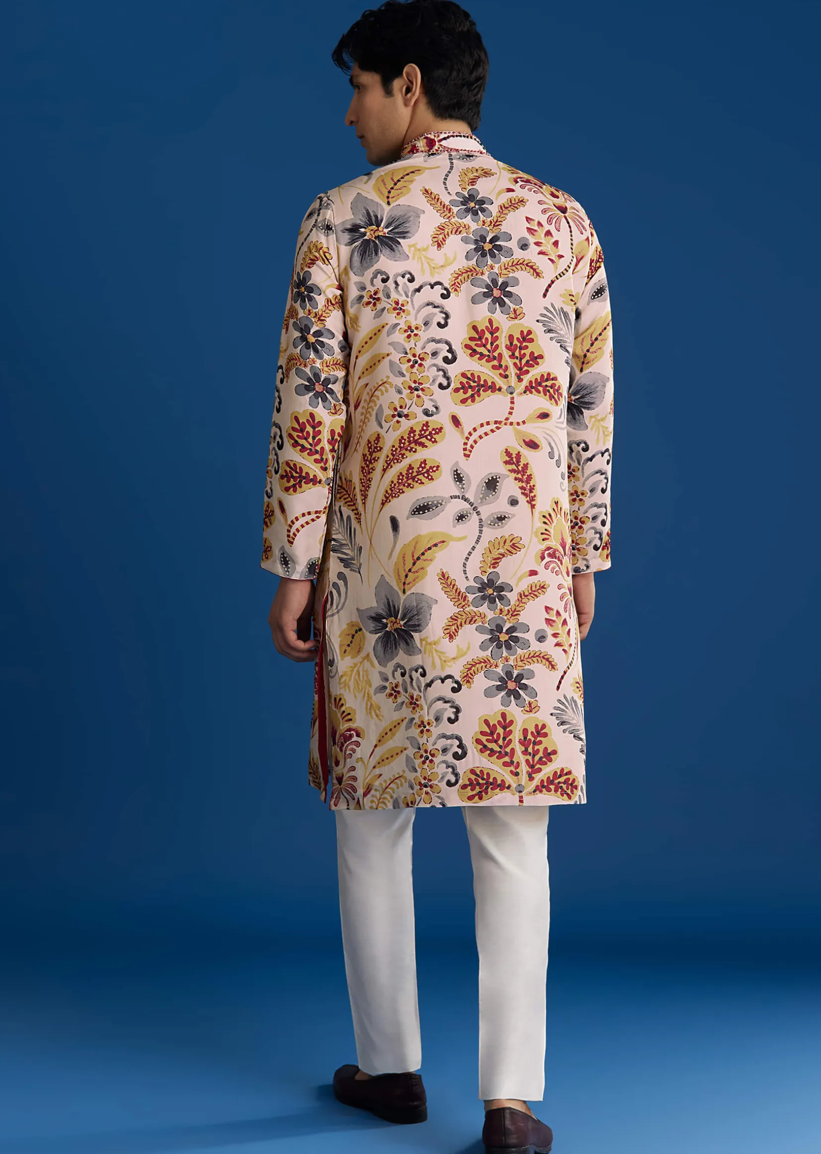 Cream Silk Floral Resham Threadwork Kurta Jacket Set