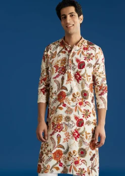 Cream Silk Floral Resham Embroidered Kurta Set