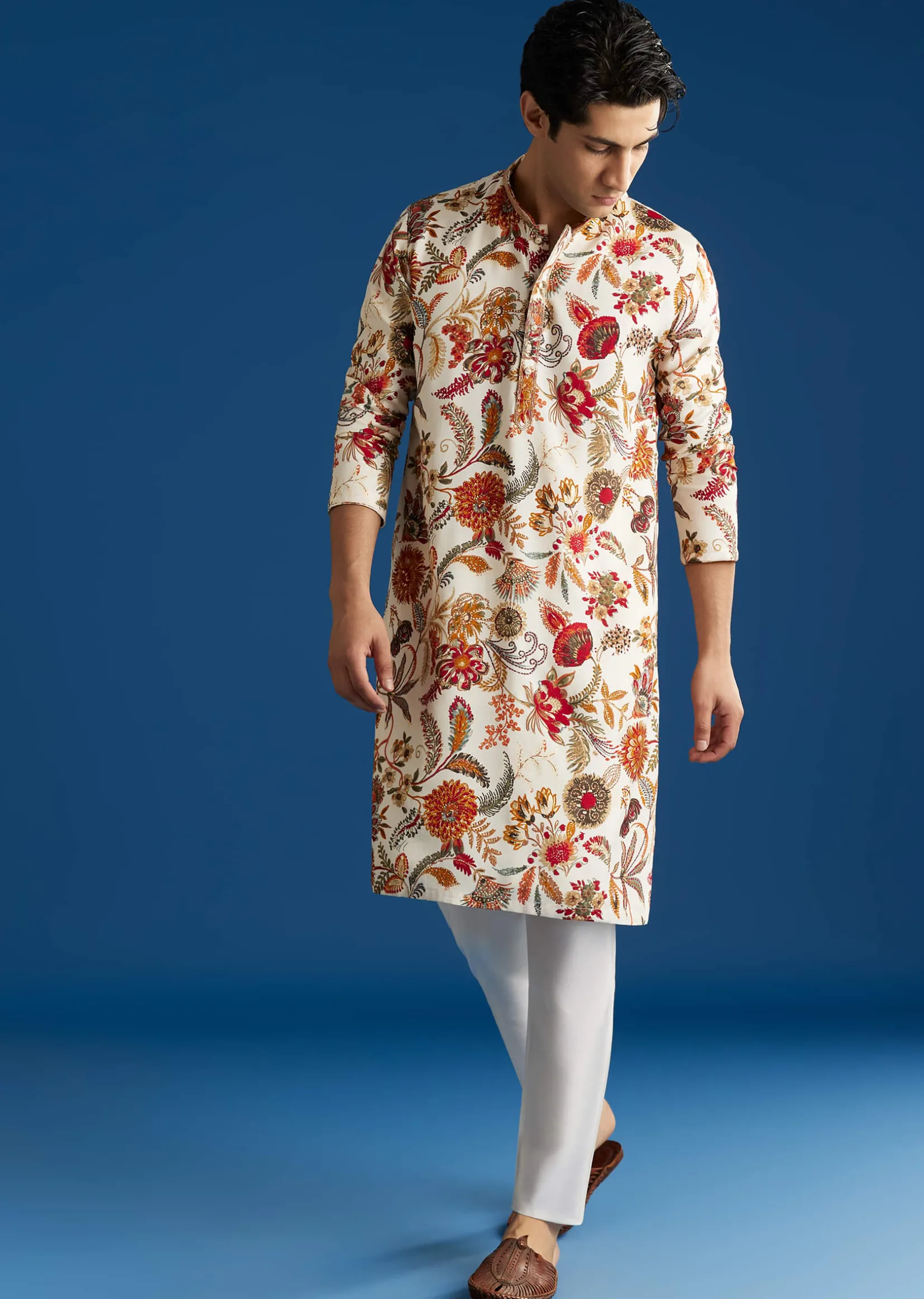 Cream Silk Floral Resham Embroidered Kurta Set