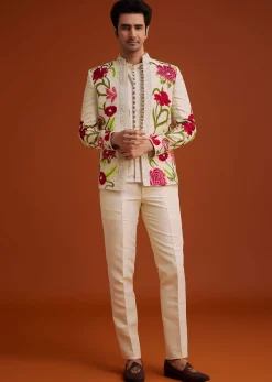 Cream Silk Jodhpuri Set With Floral Embroidery And Sequin Butti Work
