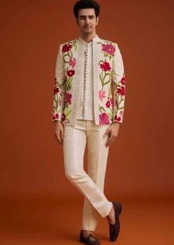 Cream Silk Jodhpuri Set With Floral Embroidery And Sequin Butti Work